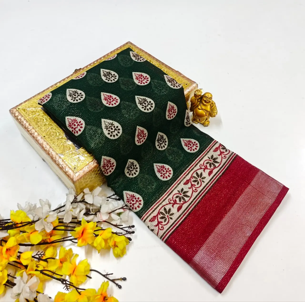 Navy Blue and Rani Pink with Leaf Buttas Shimmer Linen Cotton Saree